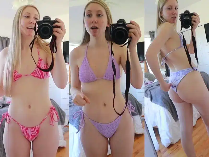 Young blonde teen doing the try on haul bikini with amazing hips and hot ass